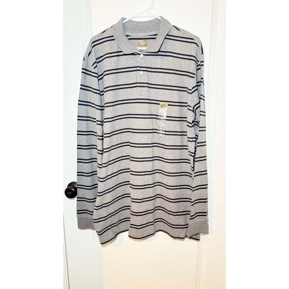 NWT The Foundry Mens XLT Long Sleeve Polo Shirt Grey Navy Blue Striped Cotton